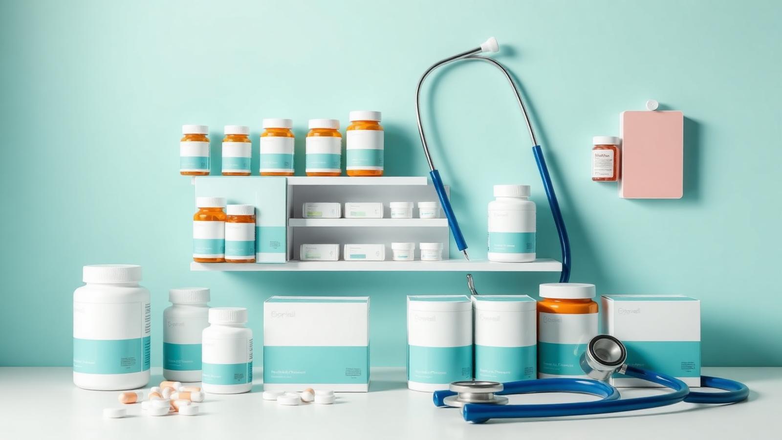Medicine bottles, packaging and surgical instruments arranged on a light background